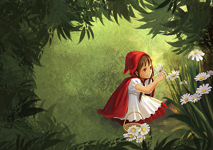 小红帽童话森林采花背景图片