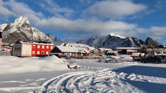 北欧建筑冬季罗弗敦群岛自然风光GIF高清图片