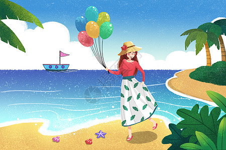 海边沙滩美女插画背景图片