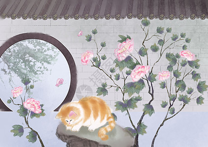 海棠花与猫板绘国画高清图片