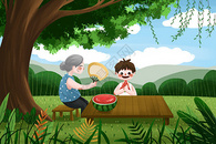 夏天夏季夏日吃西瓜祖孙奶奶乘凉插画小清新图片