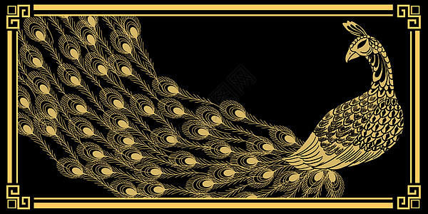 中国传统边框孔雀花纹元素背景插画