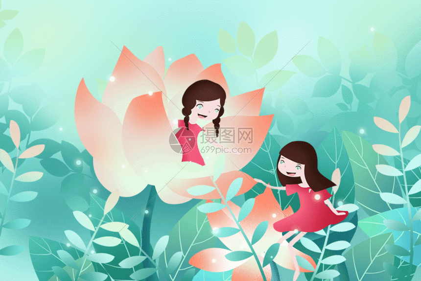 gif动图 插画动图 花朵里玩乐的小女孩.gif.psd,gif 860_574