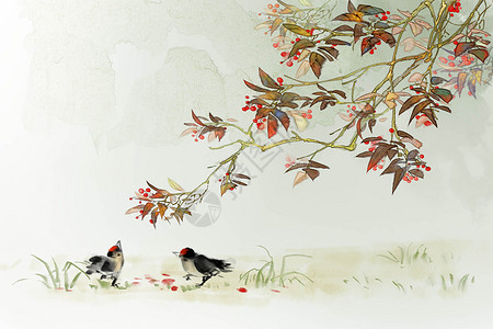 中国风国画写意红豆小鸡图高清图片