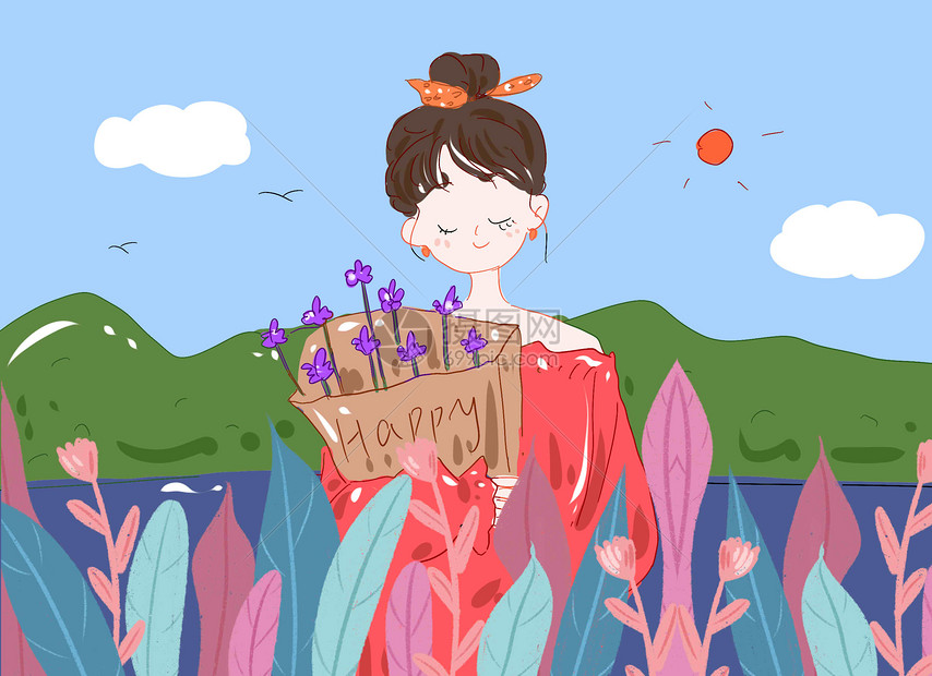 女孩踏青插画图片