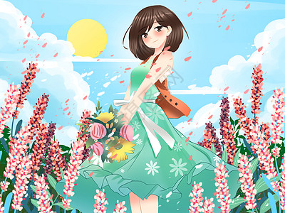 初夏时节站在花海中央的女孩背景图片