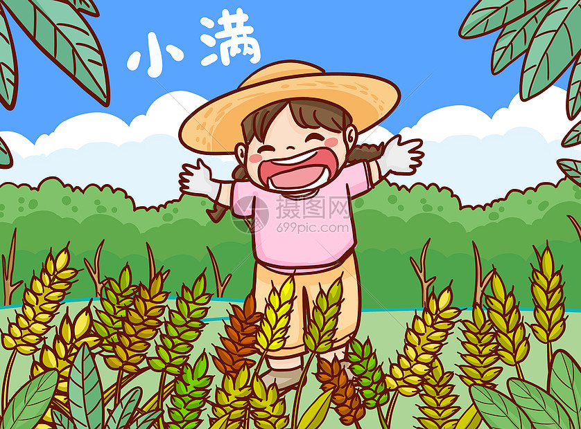 二十四节气小满季节女孩和稻田