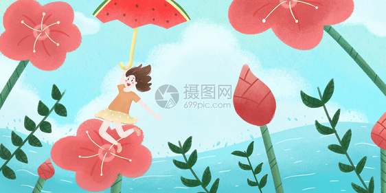 夏天立夏少女清新粉色花图片