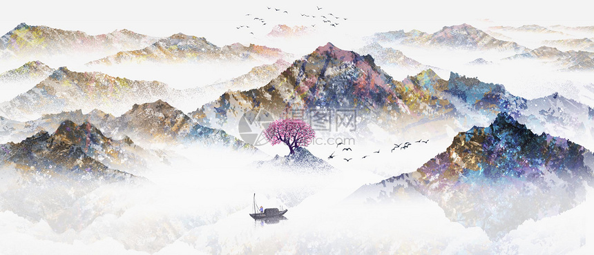 中国风水彩山水画图片