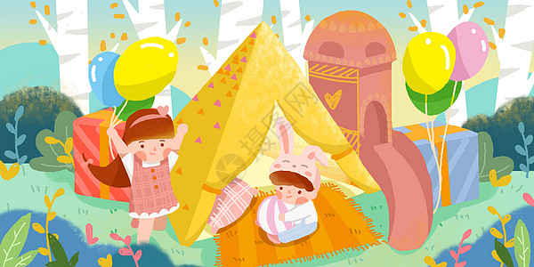 广告气球六一儿童节在森林乐园愉快玩耍小清新插画插画