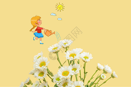 小女孩奔跑浇花的小女孩插画