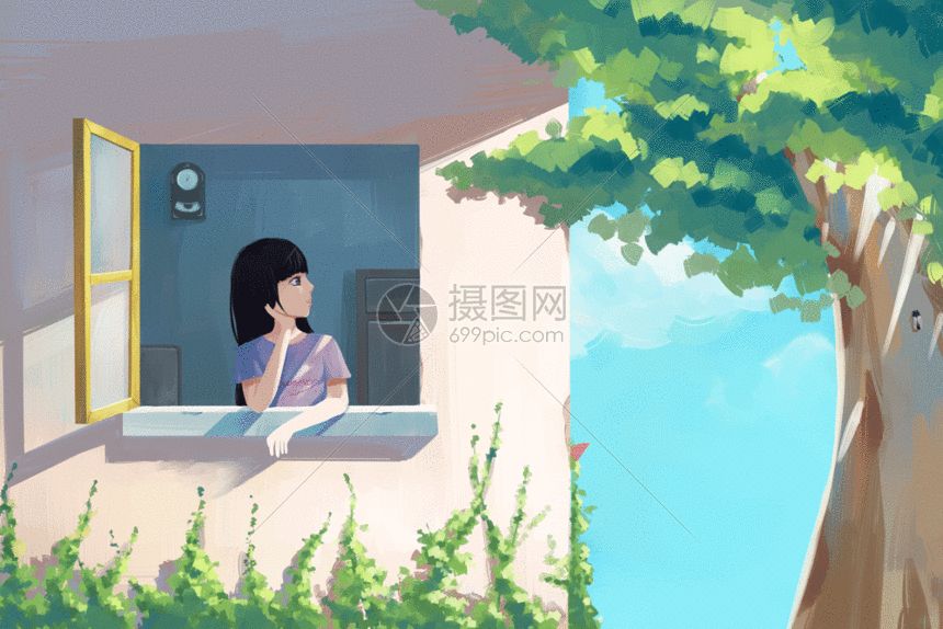 gif动图 插画动图 窗外的夏天gif  最大尺寸1000 × 667 psd源文件