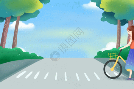 骑自行车女孩骑自行车过马路的女孩GIF高清图片