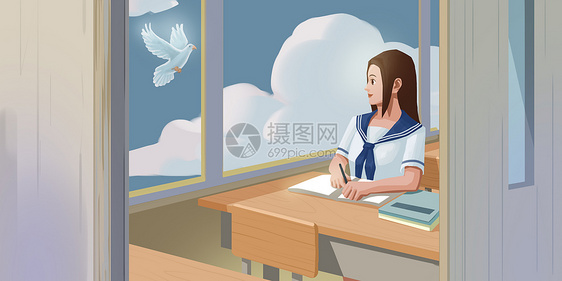 女孩教室学习图片