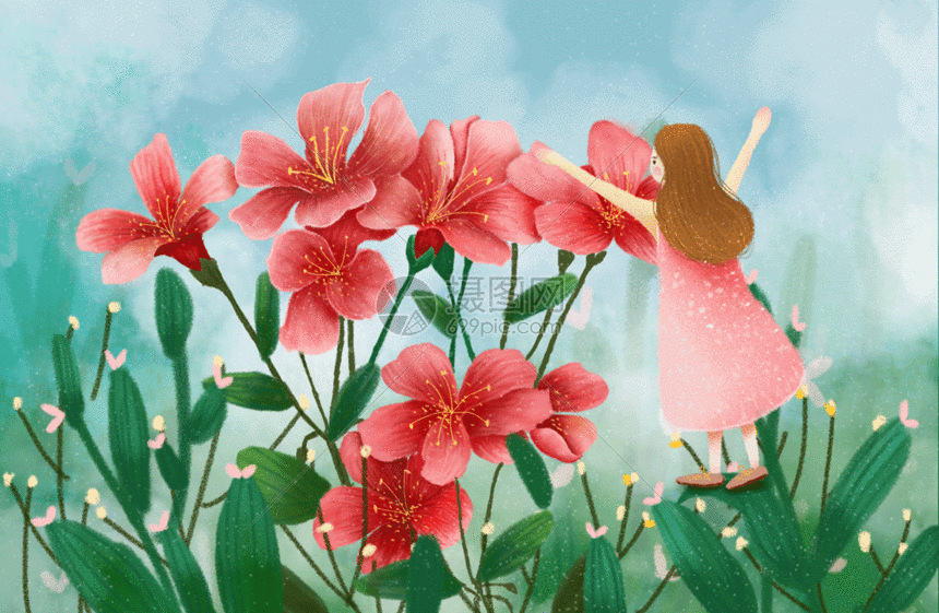 花丛中的女孩gif夏天花朵