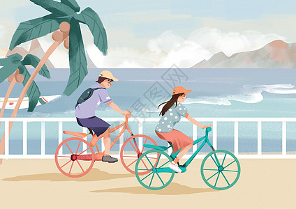 夏日插画情侣骑自行车视频素材高清图片