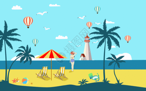 坐着的女孩背影夏日沙滩插画GIF高清图片