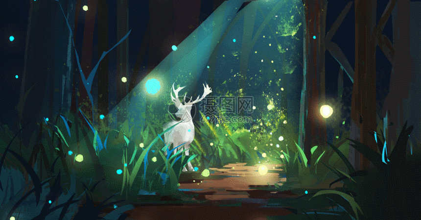 gif动图 插画动图 夜间森林里的麋鹿gif.psd,gif 860_449