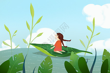 夏至夏天初夏小河河流清新女孩绿色植物背景图片