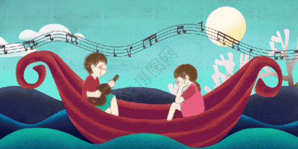 船红色在船上给女孩唱歌的男孩GIF高清图片