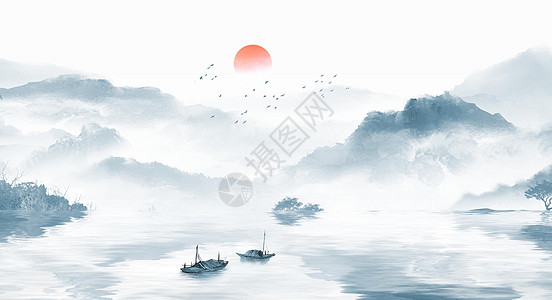 简约天空背景中国风山水画插画