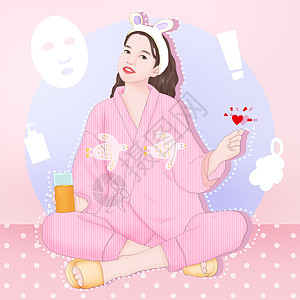 美女居家手绘清新睡衣美女插画