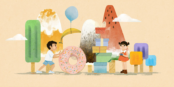 儿童节零食礼物扁平手绘温馨插画背景图片