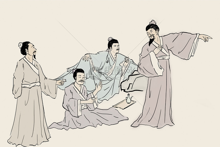 文人骚客酌酒品茗扶琴插画