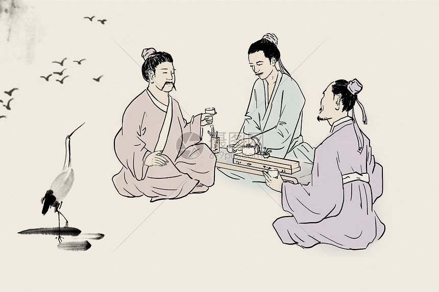 中国风水墨画文人骚客酌酒品茗扶琴插画