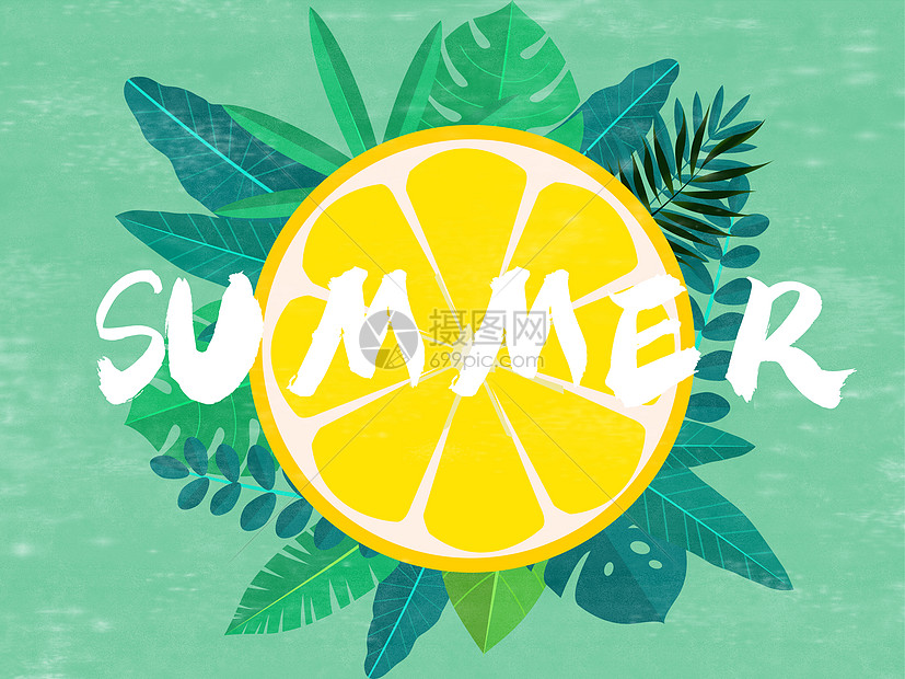 夏天植物柠檬清凉清新扁平矢量插画图片