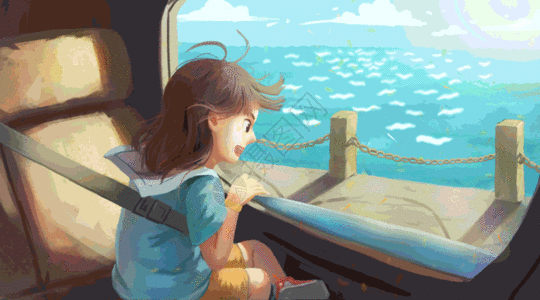 假日坐车旅行去看海的小女孩gif动图图片