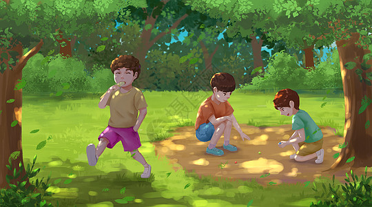 小孩吃夏天树荫下玩弹珠的儿童插画
