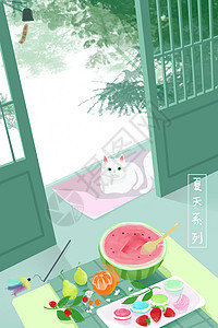 原创清新唯美夏天猫咪板绘插画图片