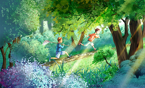 夏天树林间奔跑的玩耍的儿童背景图片