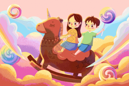 可爱儿童插画骑在木马上面的孩子gif高清图片