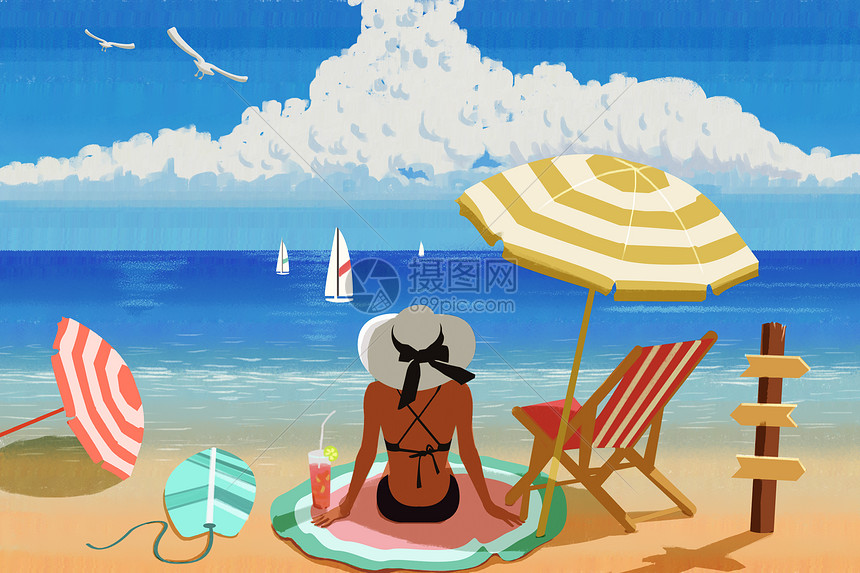 夏天海滩插画图片下载-正版图片401408106-摄图网
