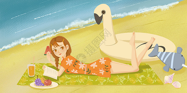夏日海边沙滩女孩暑假旅游插画图片