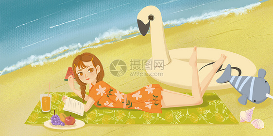 夏日海边沙滩女孩暑假旅游插画图片