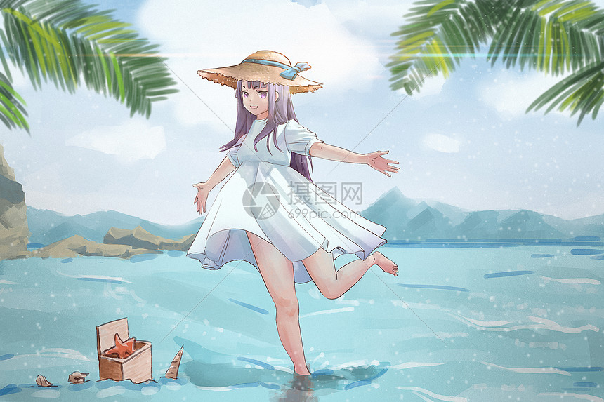 夏日海边度假女孩图片