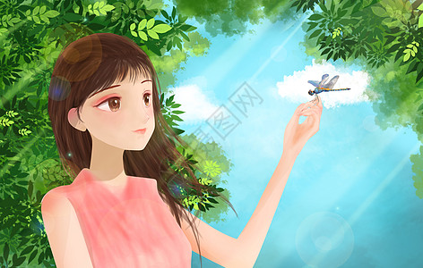 画面装饰女生在树荫下看蜻蜓插画
