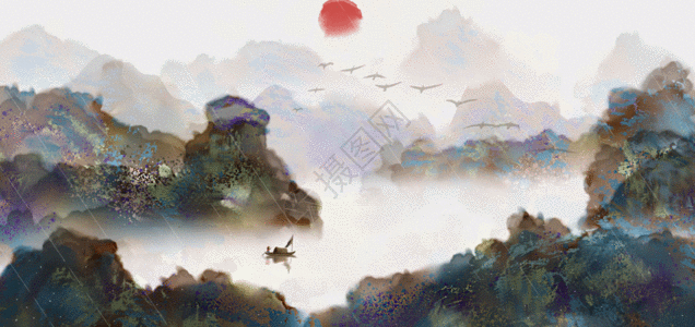 水墨太阳中国风山水画GIF高清图片
