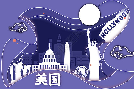 美国城市建筑地标剪纸风插画背景图片