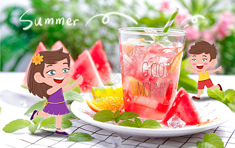 夏天开心冰饮吃西瓜图片