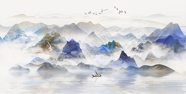 水彩风景画中国风山水画插画