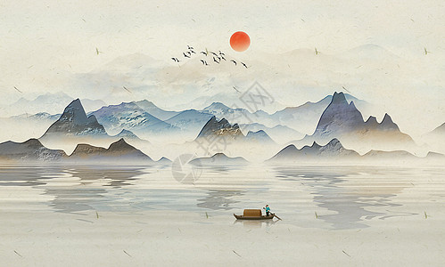 简约中式背景中国风山水画插画