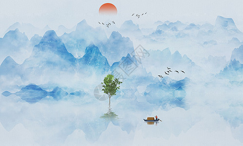 远山风景画中国风山水画插画