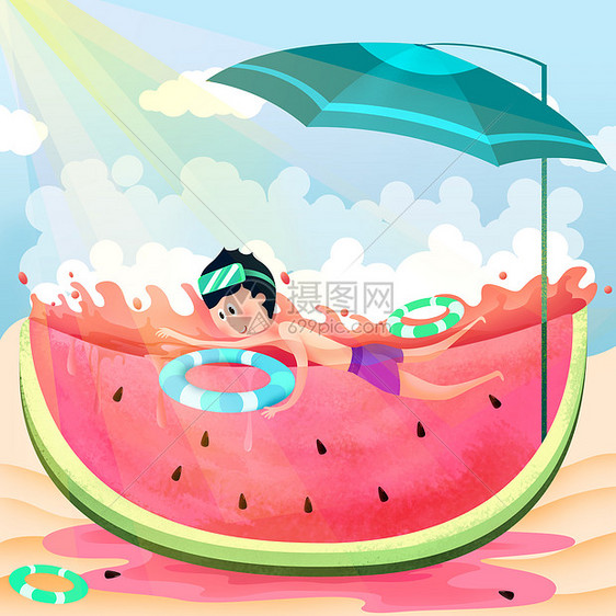 暑假夏天西瓜游泳解暑图片