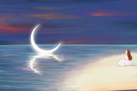 海边月亮女孩手绘高清图片素材