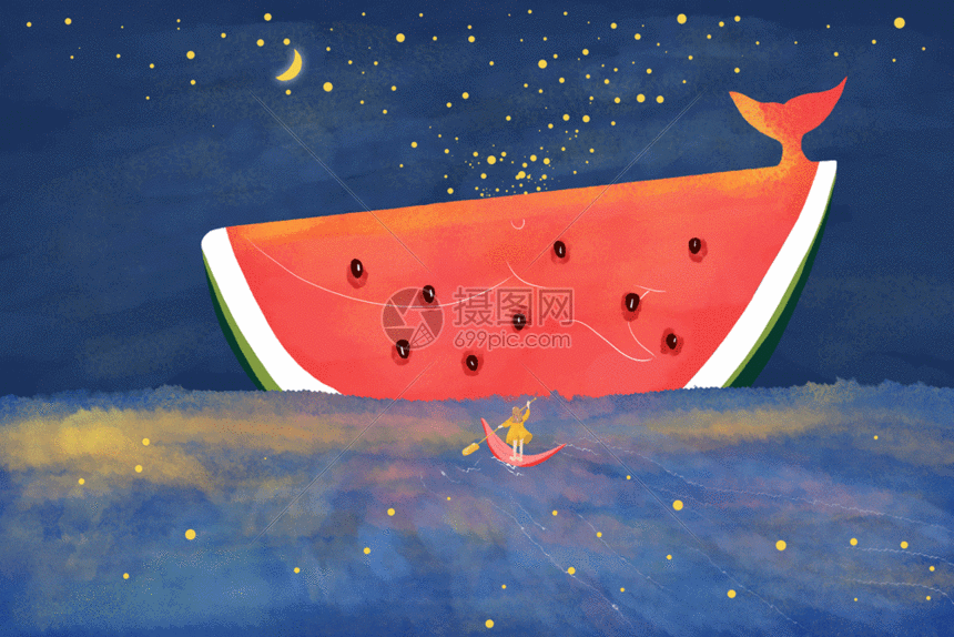 gif动图 插画动图 划船 夏至划船去吃西瓜gif.