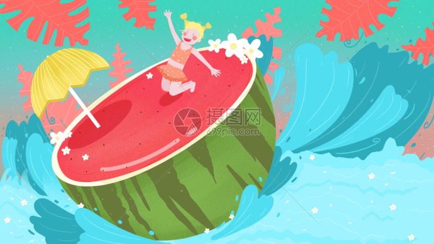 西瓜夏天清凉少女海水夏至动图gif
